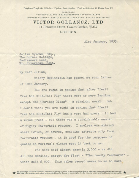 Two Typewritten Letters To Julian Symons. VICTOR GOLLANCZ