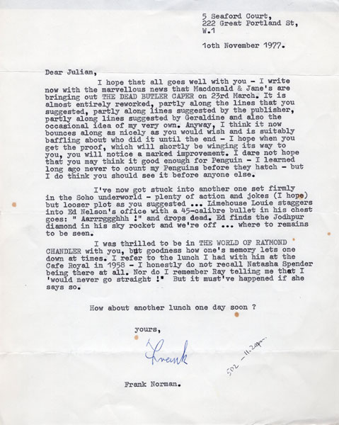 One Typed Letter Written To Julian Symons. FRANK NORMAN