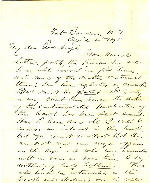 Four Page Holograph Letter Signed. To Colonel Theo. F. Rodenbough, Author Of "From Everglade To Canon With The Second Dragoons" I.(NNIS) N.(NEWTON) PALMER