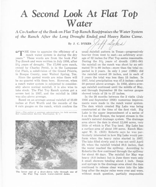 A Second Look At Flat Top Water. A Co-Author Of The Book On Flat Top Ranch Reappraises The Water System Of The Ranch After The Long Drought Ended And Heavy Rains Came J.C DYKES