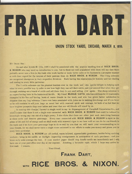 Broadside - Frank Dart. Union Stock Yards, Chicago, March 8, 1895 FRANK DART