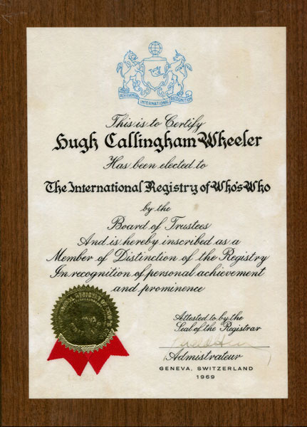 Plaque: Certificate Of Election To The International Registry Of Who's Who. Geneva, Switzerland 1969. HUGH CALLINGHAM WHEELER