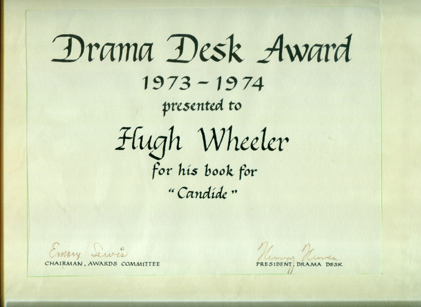 Drama Desk Award 1973-1974 Presentedto Hugh Wheeler For His Book For "Candide." HUGH CALLINGHAM WHEELER