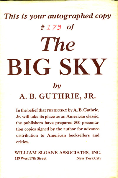 The Big Sky.  GUTHRIE, JR., A.B.