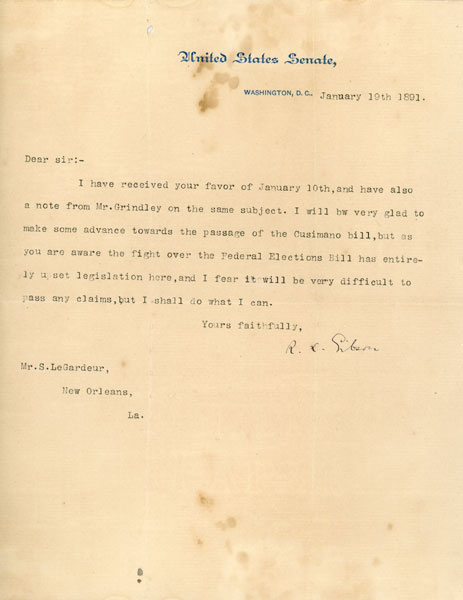 United States Senate, Typed Letter Dated January 19, 1891 RANDALL LEE GIBSON