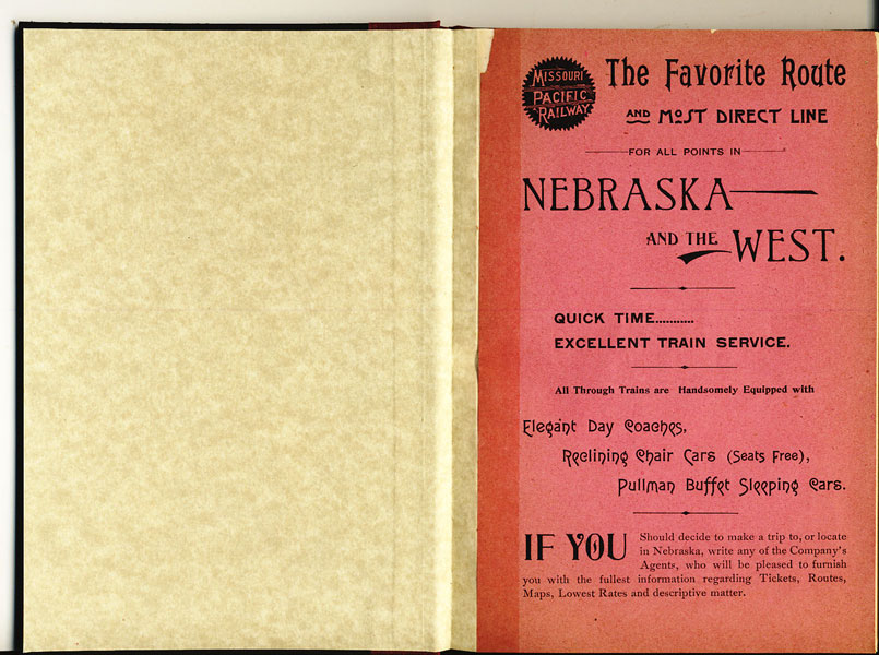 Statistics And Information Concerning The State Of Nebraska, Taken From State And National Reports, Showing The Advantages, And Giving Information For The Farmer, The Mechanic, The Laborer, The Merchant, The Manufacturer, Contemplating A Removal To One Of The Newer And Progressive Western States. With The Compliments Of The General Passenger Department Of The Missouri Pacific Railway TOWNSEND, H.C. [GENERAL PASSENGER AND TICKET AGENT