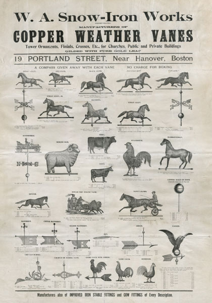 W. A. Snow Iron Works Incorporated. Manufacturers Of Copper Weather Vanes, Tower Ornaments,Finials, Crosses, Etc., For Churches, Public And Private Buildings. Gildedwith Pure Gold Leaf. 24 1/2" X 35" Black And White Single Sheet Poster Displaying Twenty-Nine Different Weather Vanes. W.A. Snow Iron Works Incorporated, Boston, Massachusetts