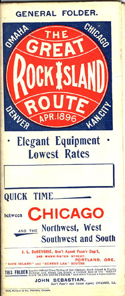 General Folder. The Great Rock Island Route, Apr. 1896, Omaha, Chicago, Denver, Kan. City. Elegant Equipment, Lowest Rates. Quick Time Between Chicago And The Northwest, West, Southwest And South. SEBASTIAN, JOHN [GEN'L PASS'R AND TICKET AGENT].
