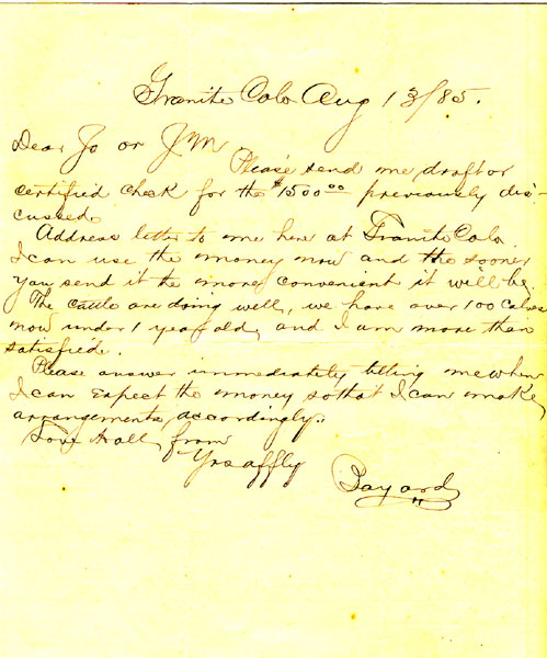 Holograph Letter From Granite, Colorado Dated August 13, 1885. BAYARD SINCLAIR