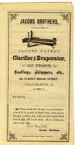 Jacobs Brothers, Manufacturers Of Jacobs' Patent Clarifier And Evaporator, Juice Strainers, Castings, Skimmers, Etc. [JACOBS BROTHERS, COLUMBUS, OHIO].