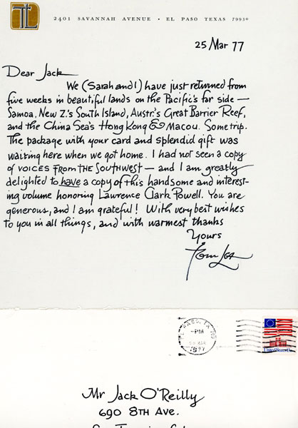 Tom Lea 8 1/2" X 11" Autographed Letter, Signed, Plus The Original Addressed Envelope TOM LEA