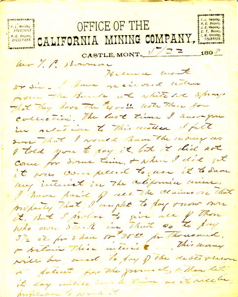 Holograph Letter On The Letterhead Of The California Mining Company, Castle, Montana, 5/22/1893 N. E. BENSON