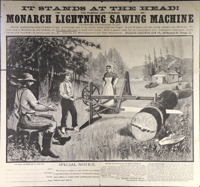 It Stands At The Head! The Famous Light-Running Monarch Lightning Sawing Machine MONARCH LIGHTNING SAW CO., CHICAGO, ILL
