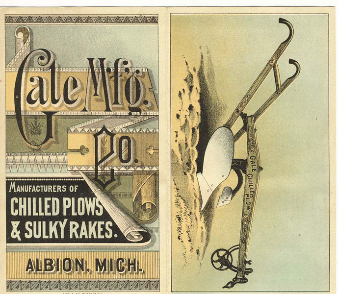 Manufacturers Of Chilled Plows & Sulky Rakes Gale Manufacturing Co., Albion, Mich