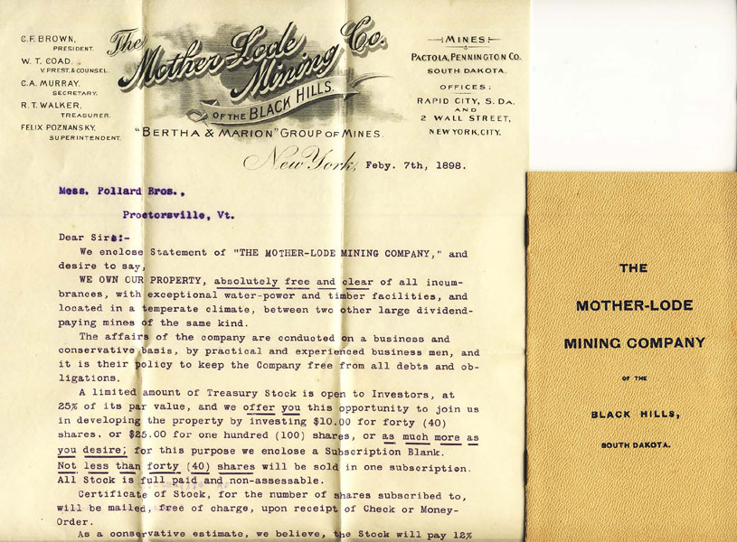 Prospectus  And Letter - The Mother-Lode Mining Company Of The Black Hills, South Dakota The Mother-Lode Mining Company Of The Black Hills, South Dakota