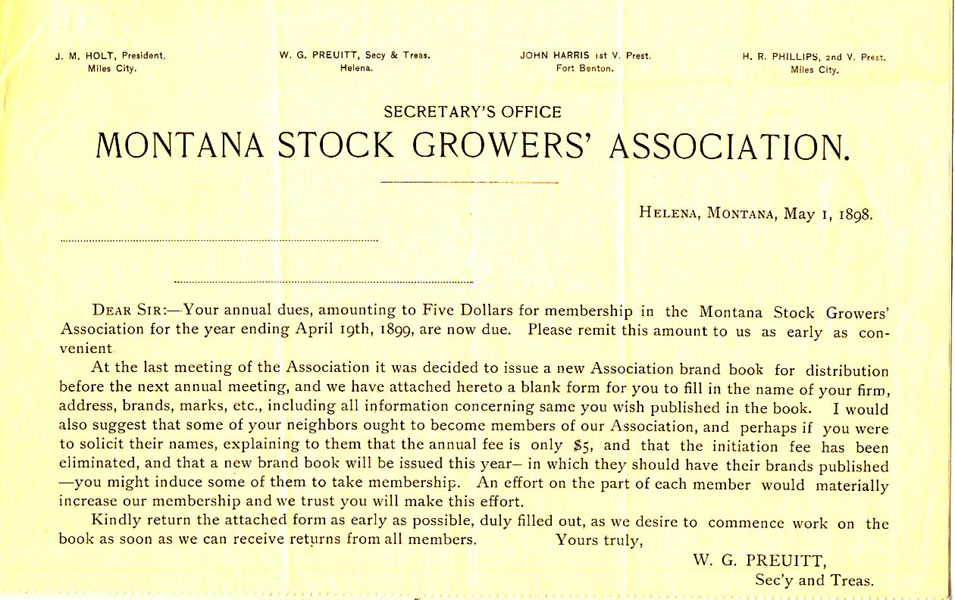 Montana Stock Growers' Association Membership Dues Form PREUITT, W. G. [SEC'Y AND TREAS]