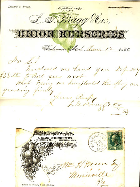 Holograph Letter On Union Nurseries Stationery Dated June 12, 1880. LEONARD G. BRAGG