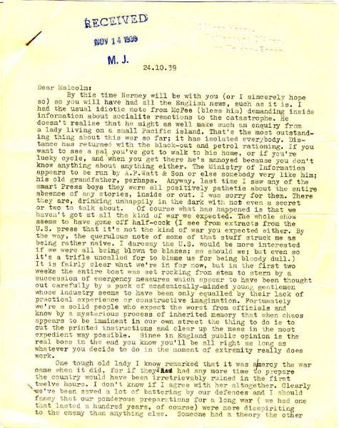 Typed Letter Signed "Margery," Three Pages, Single-Spaced, D'Arcy House, Essex, October 24, 1939, To Her American Editor And Friend, Malcolm Johnson. Stapled With Rubber-Stamped Receipt Date On First Page MARGERY ALLINGHAM