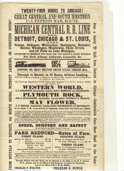 Twenty-Four Hours To Chicago! Great Central And South Western U.S. Express Mail Route. Michigan Central R.R. Line For Detroit, Chicago & St. Louis, Also Galena, Dubuque, Milwaukee, Sheboygan, Kenosha, Racine, Waukegan, Manitowoc, Three Rivers, And All Port On Lake Michigan, Connecting At Michigan City With The New Albany & Salem Railroad For New Albany, Lafayette, Louisville, Etc, 1854. Carrying The Great Western United States Through Mail ... Michigan Central Railroad