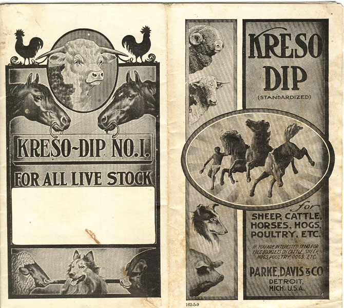Kreso Dip (Standardized) For Sheep, Cattle, Horses, Hogs, Poultry, Etc.  Parke, Davis & Co., Detroit, Michigan