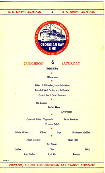 Aboard The S.S. North American. S.S. South American. Luncheon On Saturday Chicago, Duluth And Georgian Bay Transit Company