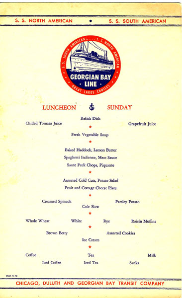 Aboard The S.S. North American. S.S. South American. Luncheon On Sunday Chicago, Duluth And Georgian Bay Transit Company