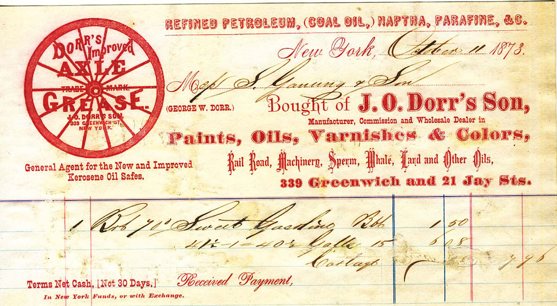 1873 J.O. Dorr's Improved Axle Grease Invoice Dorr'S Improved Axle Grease