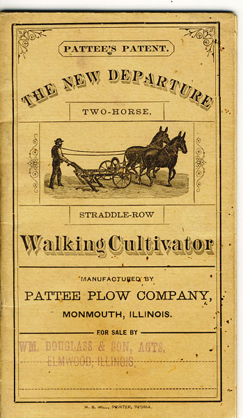 The New Departure. Two Horse, Straddle-Row Tongueless Cultivator! Pattee Plow Company, Monmouth, Illinois