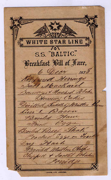 White Star Line - S.S. "Baltic," Breakfast Bill Of Fare 