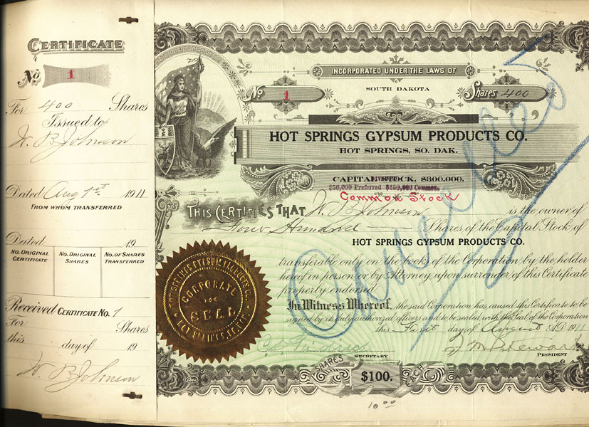 Stock Certificate Book With Endorsements, Letters, Etc Hot Springs Gypsum Products Co., Hot Springs, South Dakota