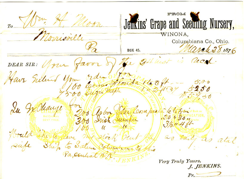 Jenkins Grape And Seedling Nursery, Hand-Written Letter Dated March 28th, 1876, On Company Stationery JENKINS GRAPE AND SEEDLING NURSERY, WINONA, OHIO