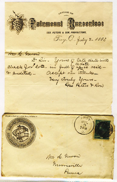 Fairmount Nurseries, Geo. Peters & Son, Proprietors, Troy, Ohio Hand-Written Letter Dated July 8th, 1883, On Company Stationery FAIRMOUNT NURSERIES