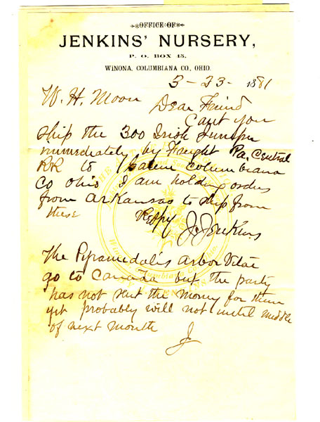 Jenkins' Nurseries, Winona, Columbiana County, Ohio, Hand-Written Letter Dated Mar. 23rd, 1881, On Company Stationery JENKINS' NURSERIES