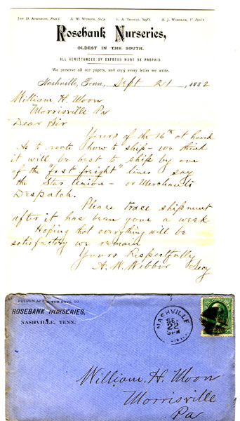 Rosebank Nurseries, Oldest In The South, Nashville, Tennessee, Hand-Written Letter Dated Sept. 21st, 1882, On Company Stationery ROSEBANK NURSERIES