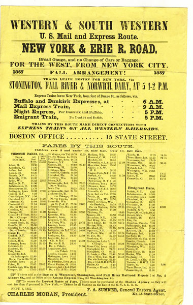 Western & South Western U.S. Mail And Express Route. New York & Erie R. Road, Broad Gauge, And No Change Of Car Or Baggage. For The West, From New York City. 1857 Fall Arrangement New York & Erie Railroad