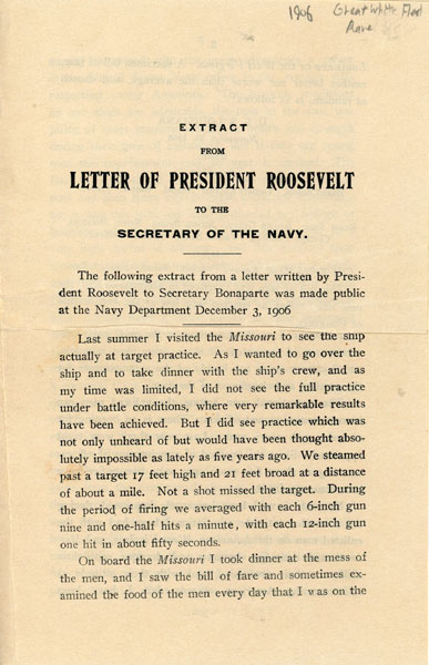 Extract From Letter Of President Roosevelt To The Secretary Of The Navy PRESIDENT THEODORE ROOSEVELT