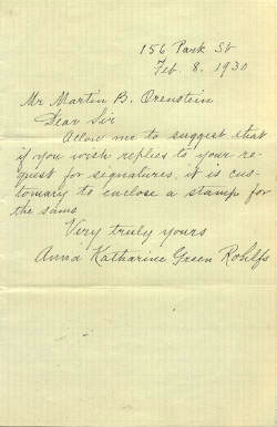 Handwritten Letter. ANNA KATHARINE GREEN