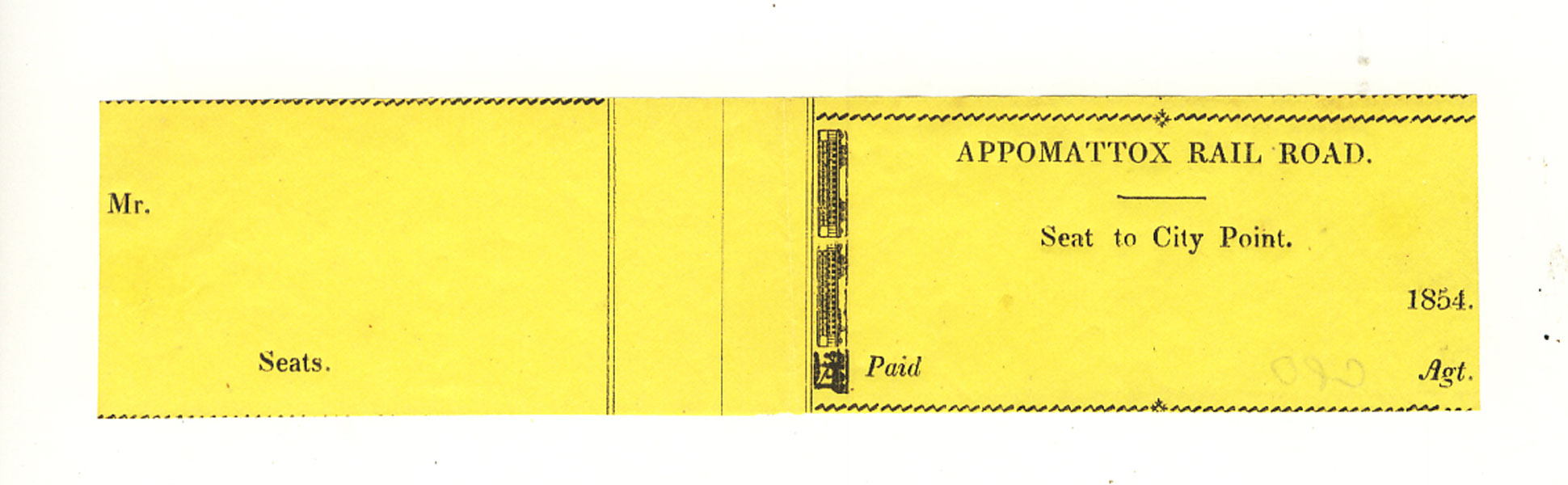 Appomattox Railroad Ticket APPOMATTOX RAILROAD COMPANY