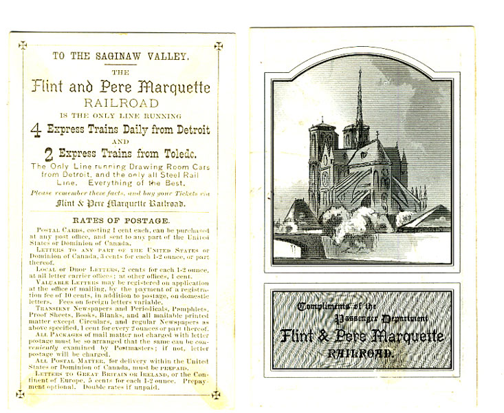Two Small Trade Cards .. "To The Saginaw Valley" & "From The Saginaw Valley" Flint & Pere Marquette Railroad
