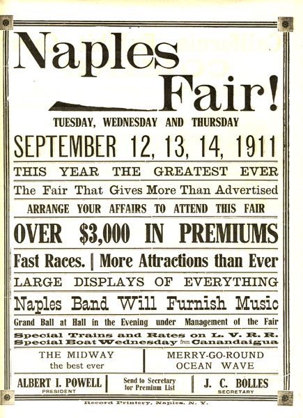 Program For Naples, New York, Fair. 1911. 