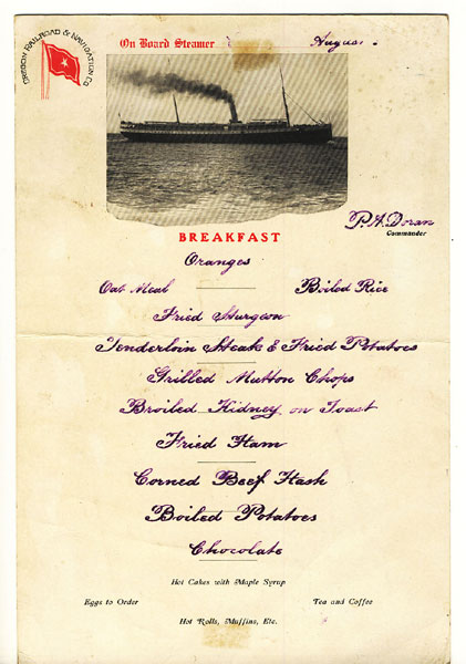 Breakfast Card For The Oregon Railroad & Navigation Company Oregon Railroad & Navigation Company