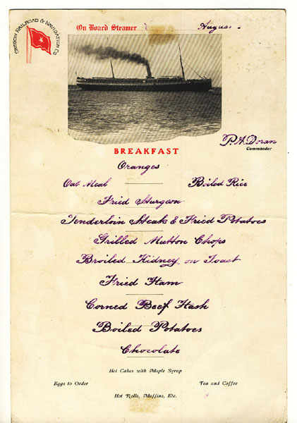 Breakfast Card For The Oregon Railroad & Navigation Company Oregon Railroad & Navigation Company