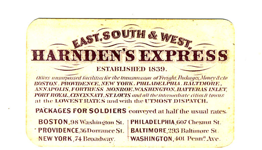 Trade Card. East, South & West, Harnden's Express, Established 1839. HARNDEN'S EXPRESS