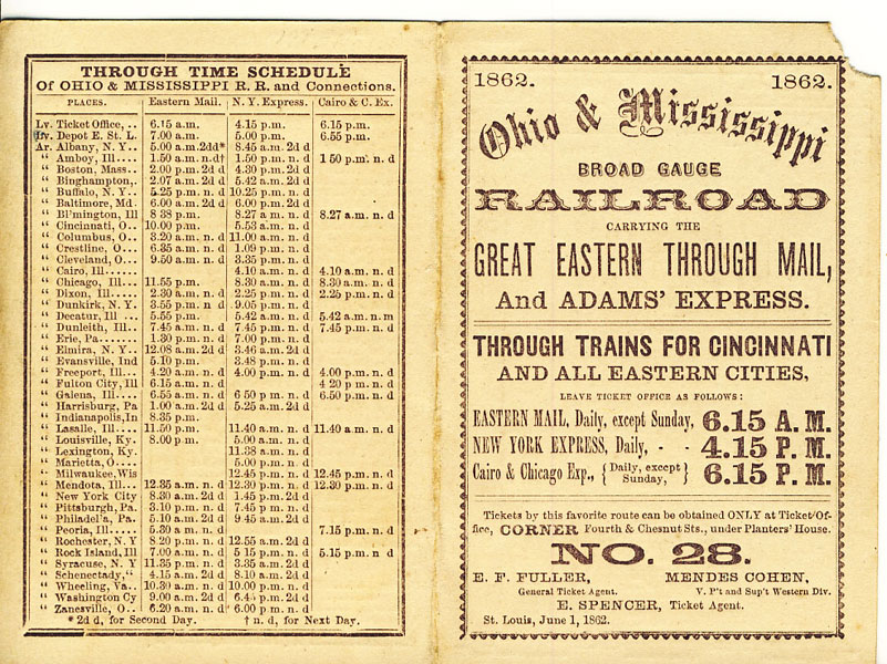 Trade Card. Ohio & Mississippi Broad Gauge Railroad Carrying The Great Eastern Through Mail, And Adams' Express. Through Trains For Cincinnati And All Eastern Cities OHIO & MISSISSIPPI BROAD GAUGE RAILROAD