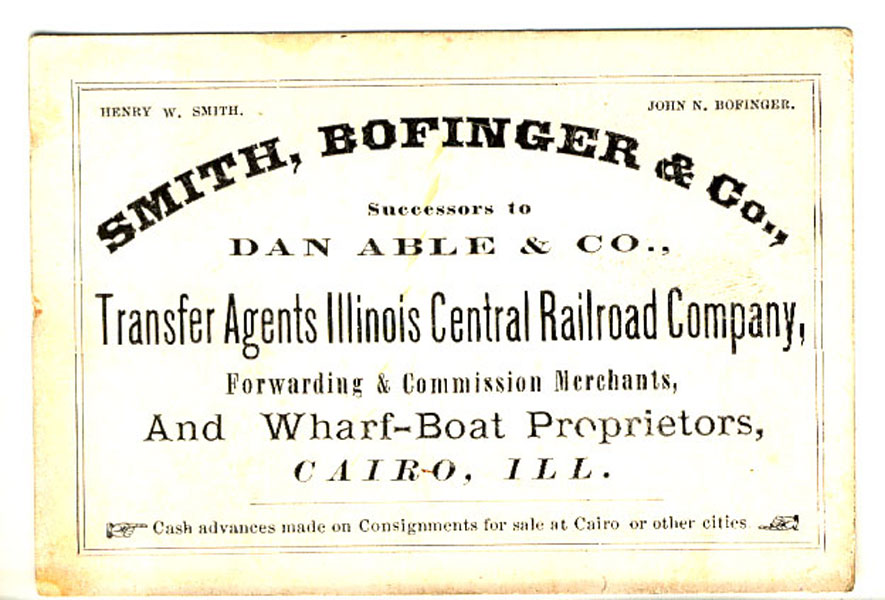 Trade Card. Smith, Bofinger & Co., Successors To Dan Able & Co., Transfer Agents Illinois Central Railroad Company SMITH, BOFINGER & CO