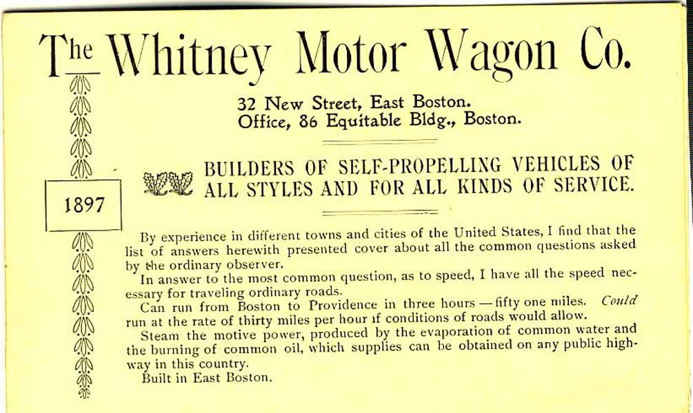 The Whitney Motor Wagon Co. Builders Of Self-Propelling Vehicles Of All Styles And For All Kinds Of Service THE WHITNEY MOTOR WAGON CO