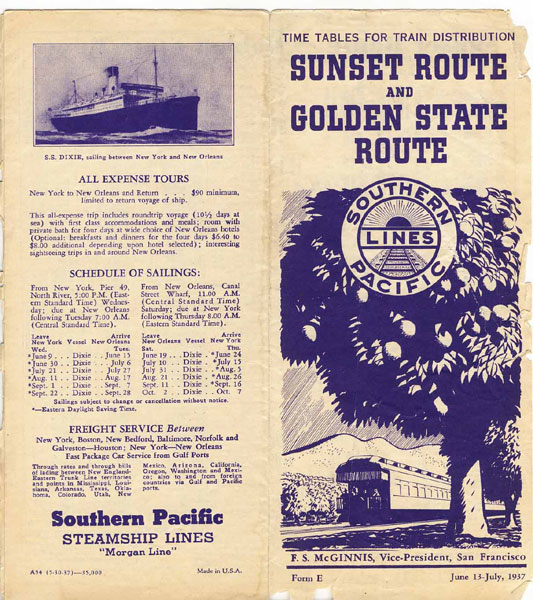Southern Pacific Lines, Sunset Route And Golden State Route. Time Tables For Train Distribution. SOUTHERN PACIFIC LINES