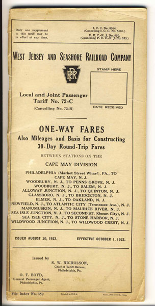 West Jersey And Seashore Railroad Company. One-Way Fares, Also Mileages And Basis For Constructing 30-Day Round-Trip Fares Between Stations On The Cape May Division WEST JERSEY AND SEASHORE RAILROAD COMPANY