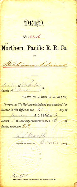 Northern Pacific Railroad Company Homestead Indenture Document, Dakota Territory, 1879 NORTHERN PACIFIC RAILROAD COMPANY