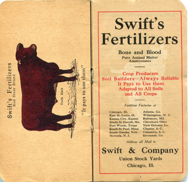 Swift's Fertilizers. Bone And Blood. Pure Animal Matter. Ammoniates. Crop Producers. Soil Builders - Always Reliable. It Pays To Use Them. Adapted To All Soils And All Crops Swift & Company, Chicago, Illinois